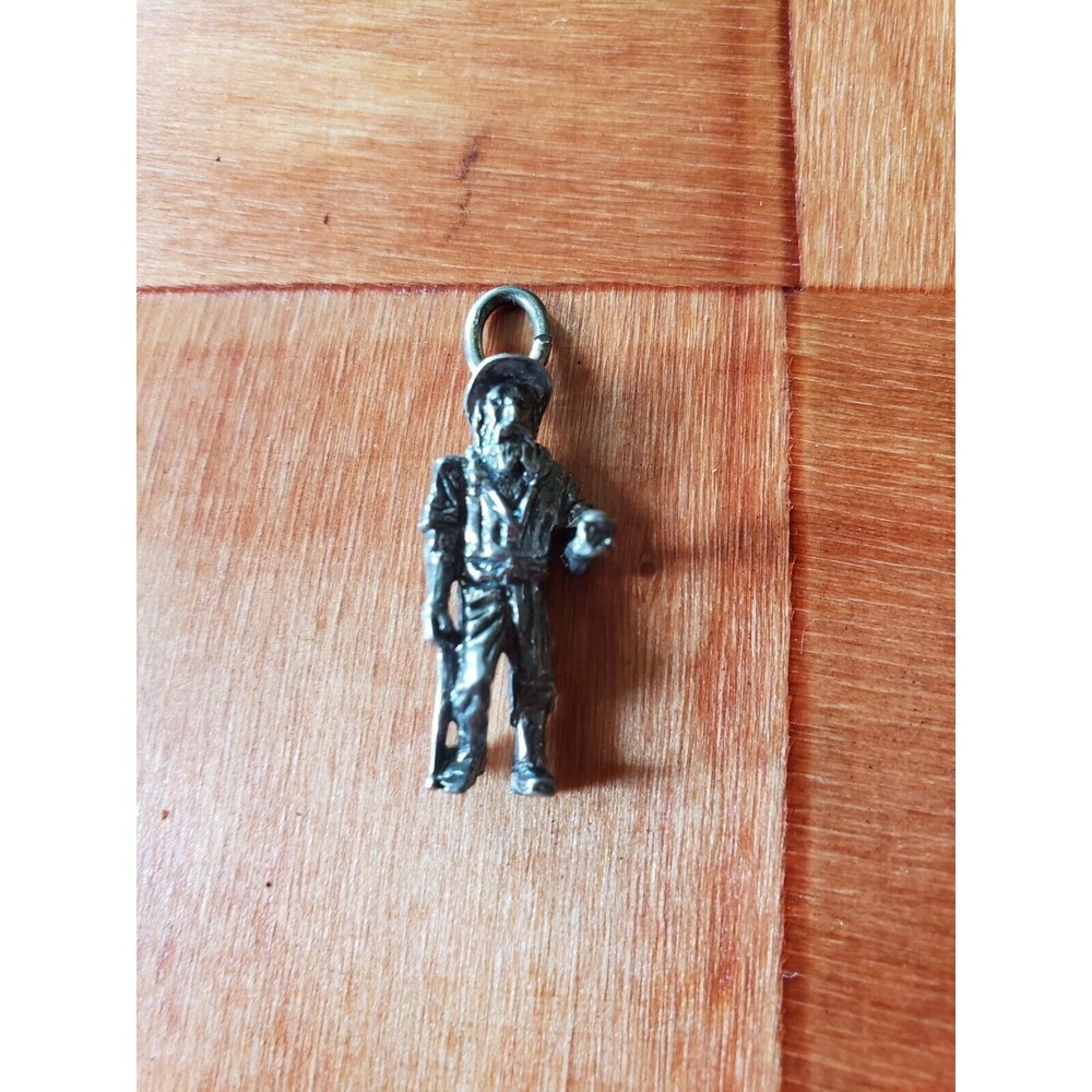 Vintage Old Man Holding Pick Axe Miner Charm Silvertone Pendant